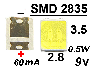  SMD  2835 9v 0.5W 60mA 6500K,  , 