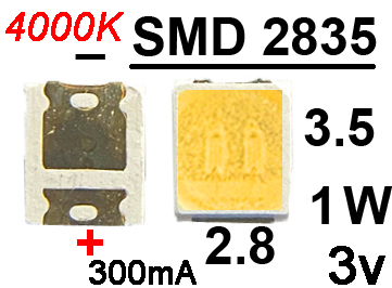  SMD  2835 3v 1W 300 mA 4000K,  , 