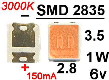  SMD   2835 6v 1W 3000K 150mA,  , 1, 