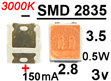  SMD   2835 3v 0.5W 3000K 150 mA, 1 